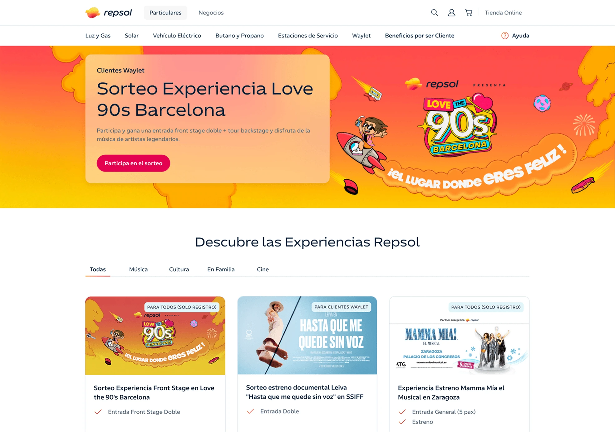 Página de beneficios de Repsol con el sorteo Experiencia Love 90s Barcelona.