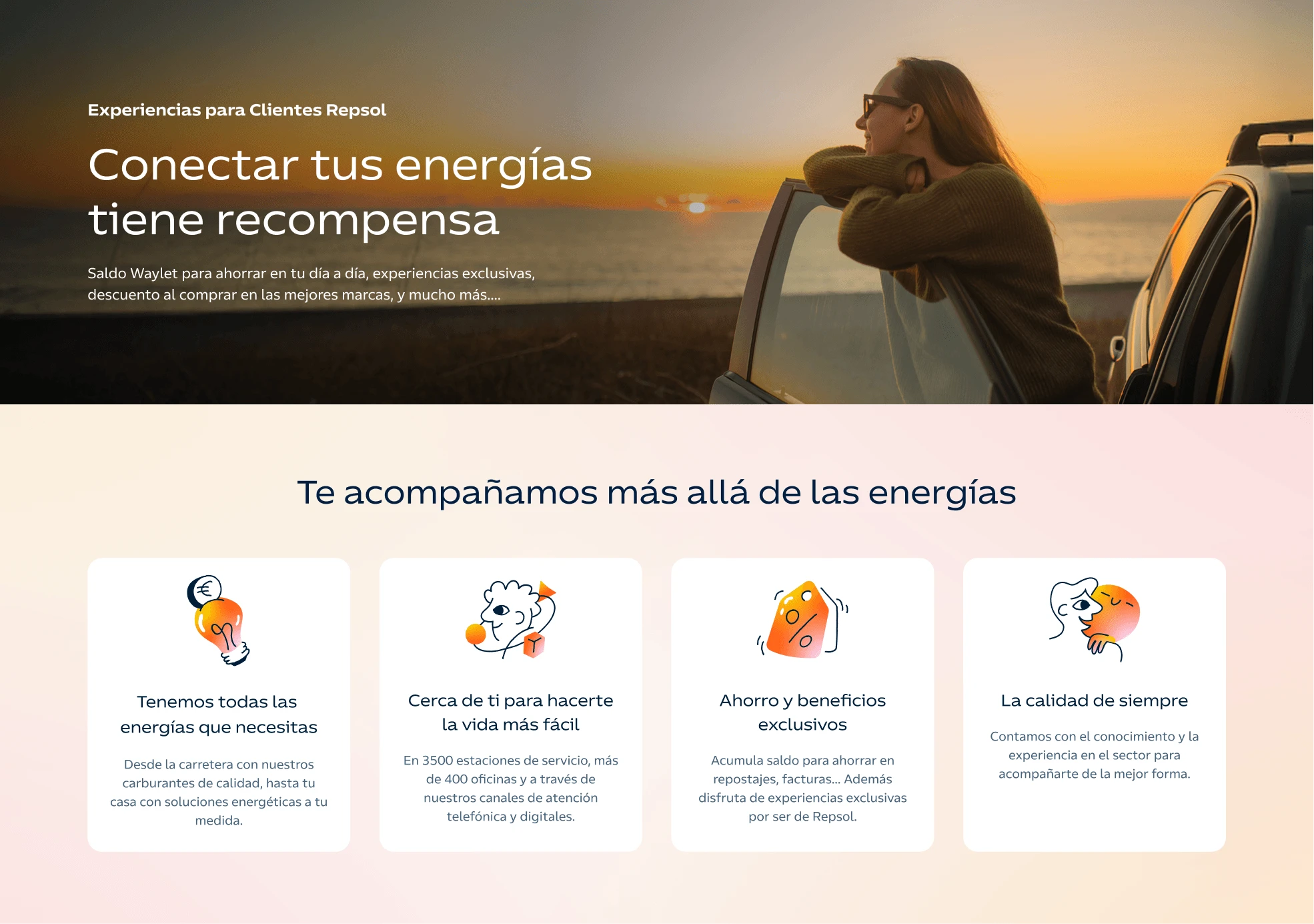 Interfaz de beneficios de Repsol con el titular Conectar tus energías tiene recompensa.